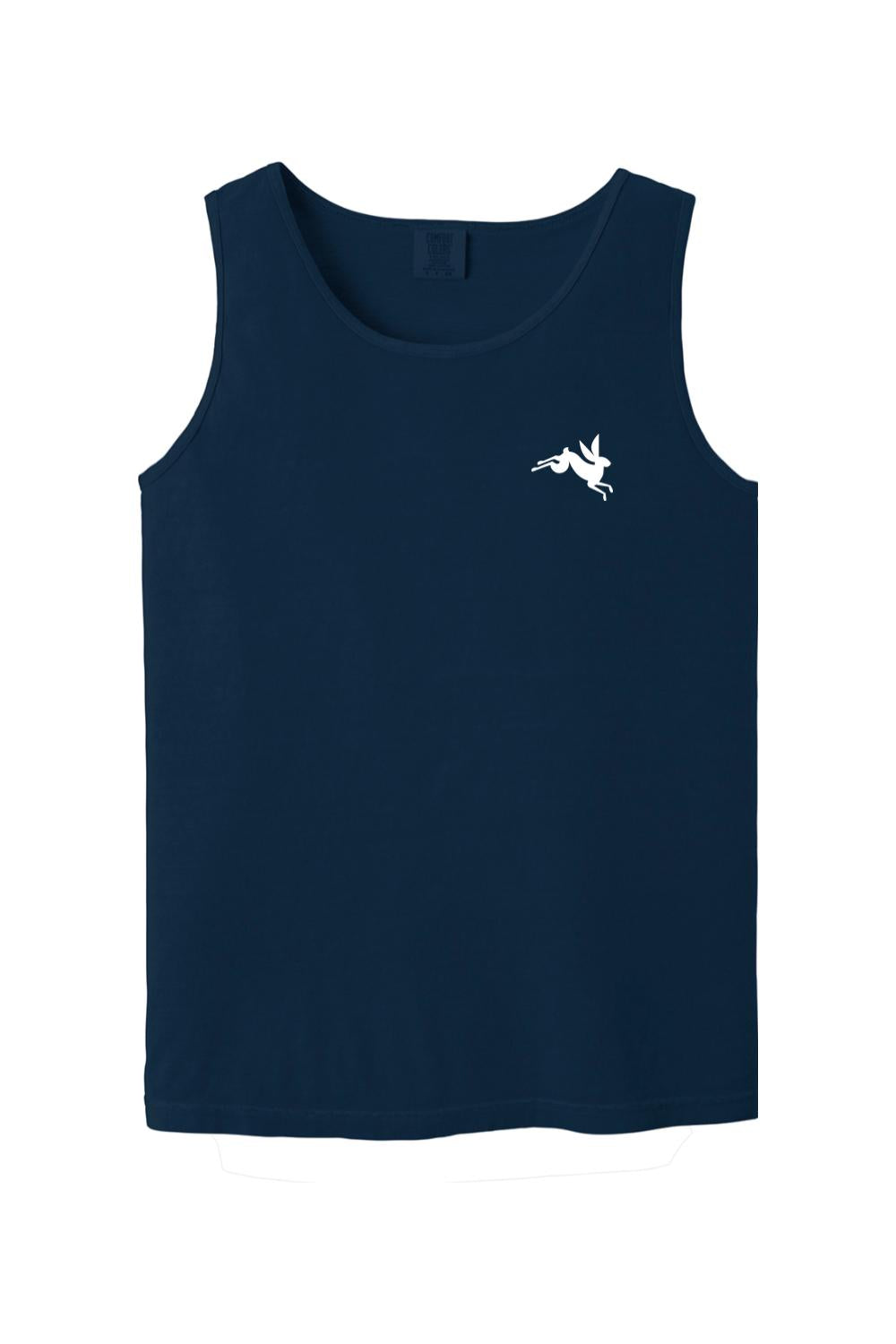 Navy blue Comfort Colors tank top in soft cotton with a small white leaping rabbit logo on the chest.