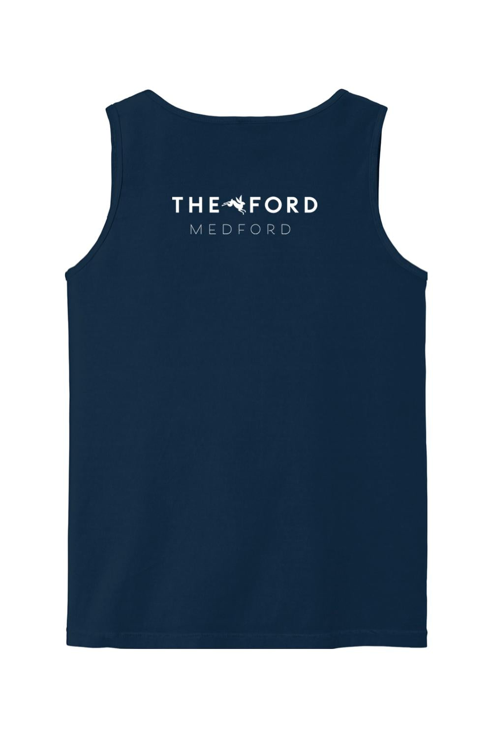 Navy blue Comfort Colors cotton tank top featuring a white The Ford Medford logo on the back.
