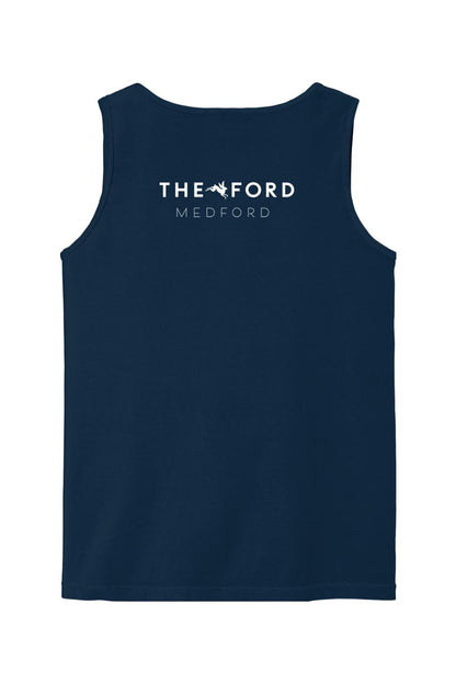 Navy blue Comfort Colors cotton tank top featuring a white The Ford Medford logo on the back.