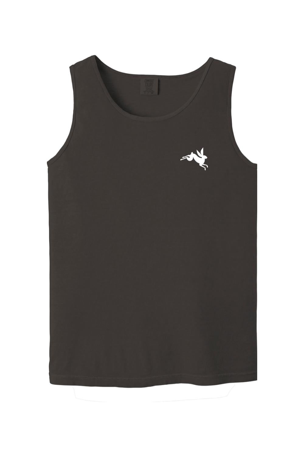 Dark gray Comfort Colors cotton tank top featuring a small white leaping rabbit logo on the left chest.