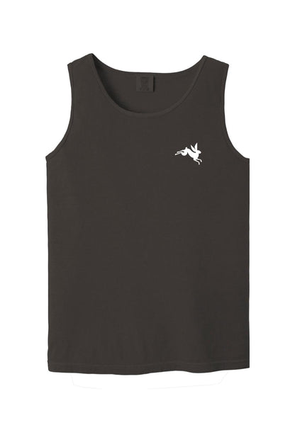 Dark gray Comfort Colors cotton tank top featuring a small white leaping rabbit logo on the left chest.