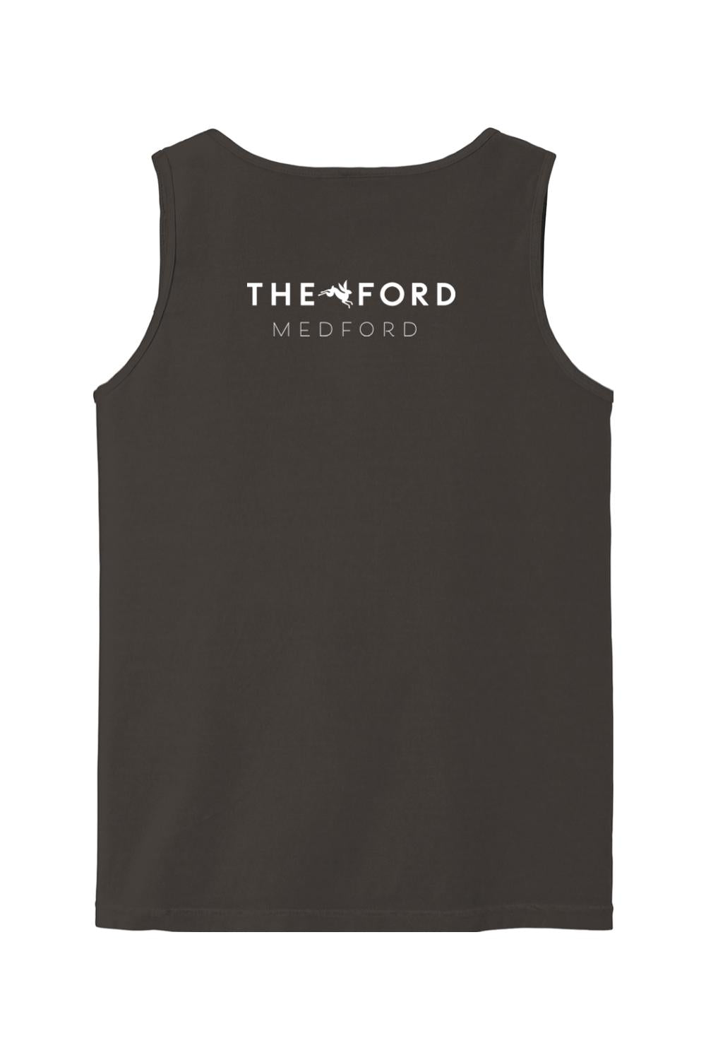Dark gray Comfort Colors cotton tank top featuring The Ford Medford logo in white text on the back.