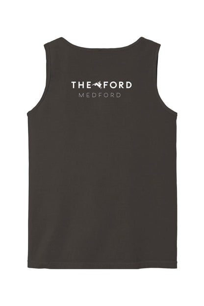 Dark gray Comfort Colors cotton tank top featuring The Ford Medford logo in white text on the back.