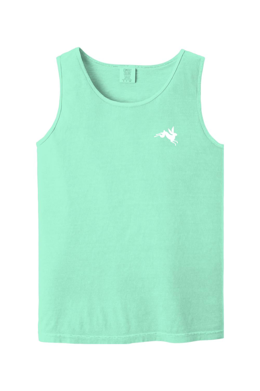 Light mint green Comfort Colors cotton tank top featuring a small white rabbit logo on the chest.