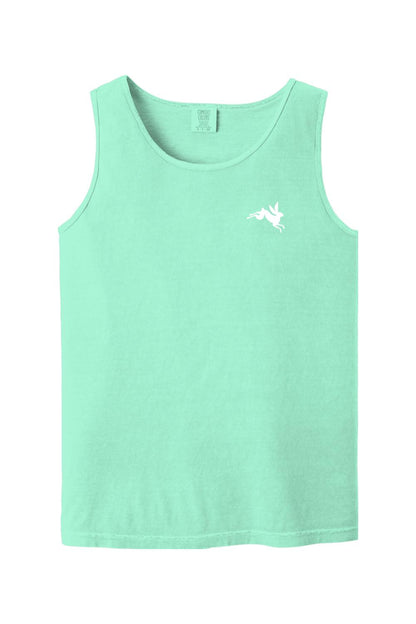 Light mint green Comfort Colors cotton tank top featuring a small white rabbit logo on the chest.