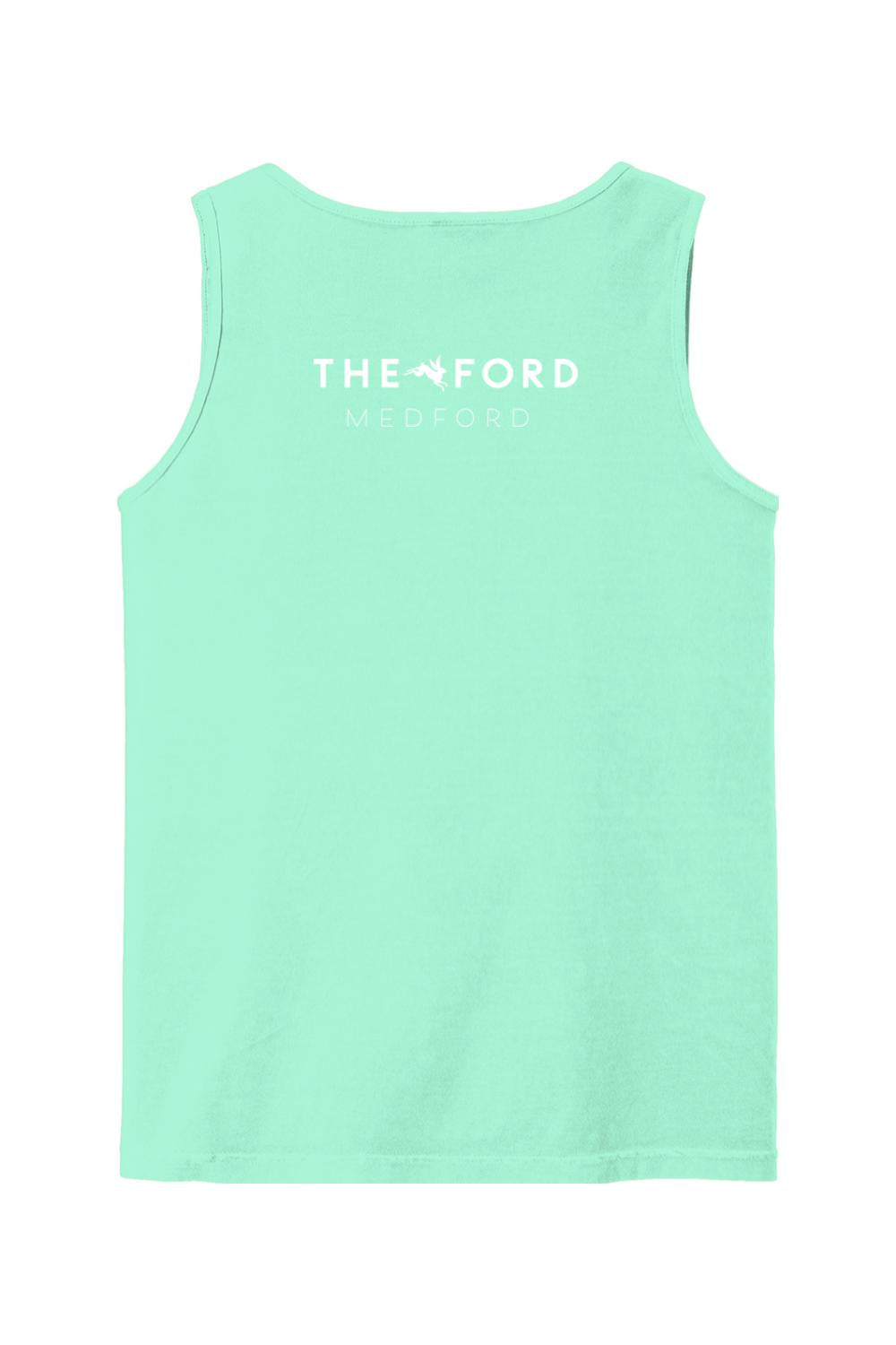 Mint green Comfort Colors cotton tank top featuring white The Ford Medford logo text on the back.