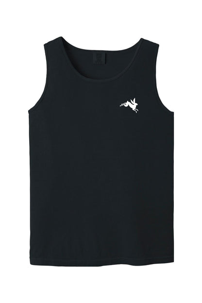 Black Comfort Colors tank top made of soft cotton featuring a small white leaping rabbit logo on the chest.