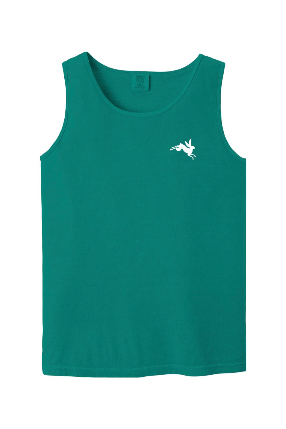 Teal Comfort Colors tank top made of soft cotton featuring a small white leaping rabbit logo on the left chest.