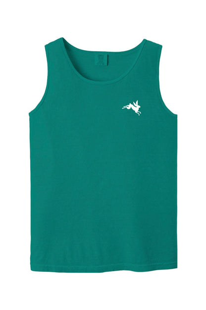 Teal Comfort Colors tank top made of soft cotton featuring a small white leaping rabbit logo on the left chest.
