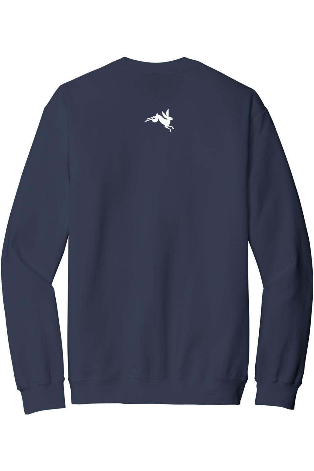 Navy blue crewneck sweatshirt featuring a small white rabbit logo on the upper back, made from soft cotton blend fabric.