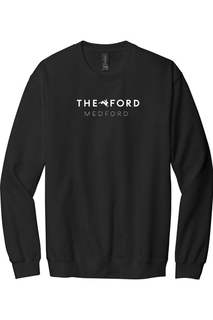 Black crewneck sweatshirt featuring a white The Ford Medford logo with a rabbit graphic on the chest.
