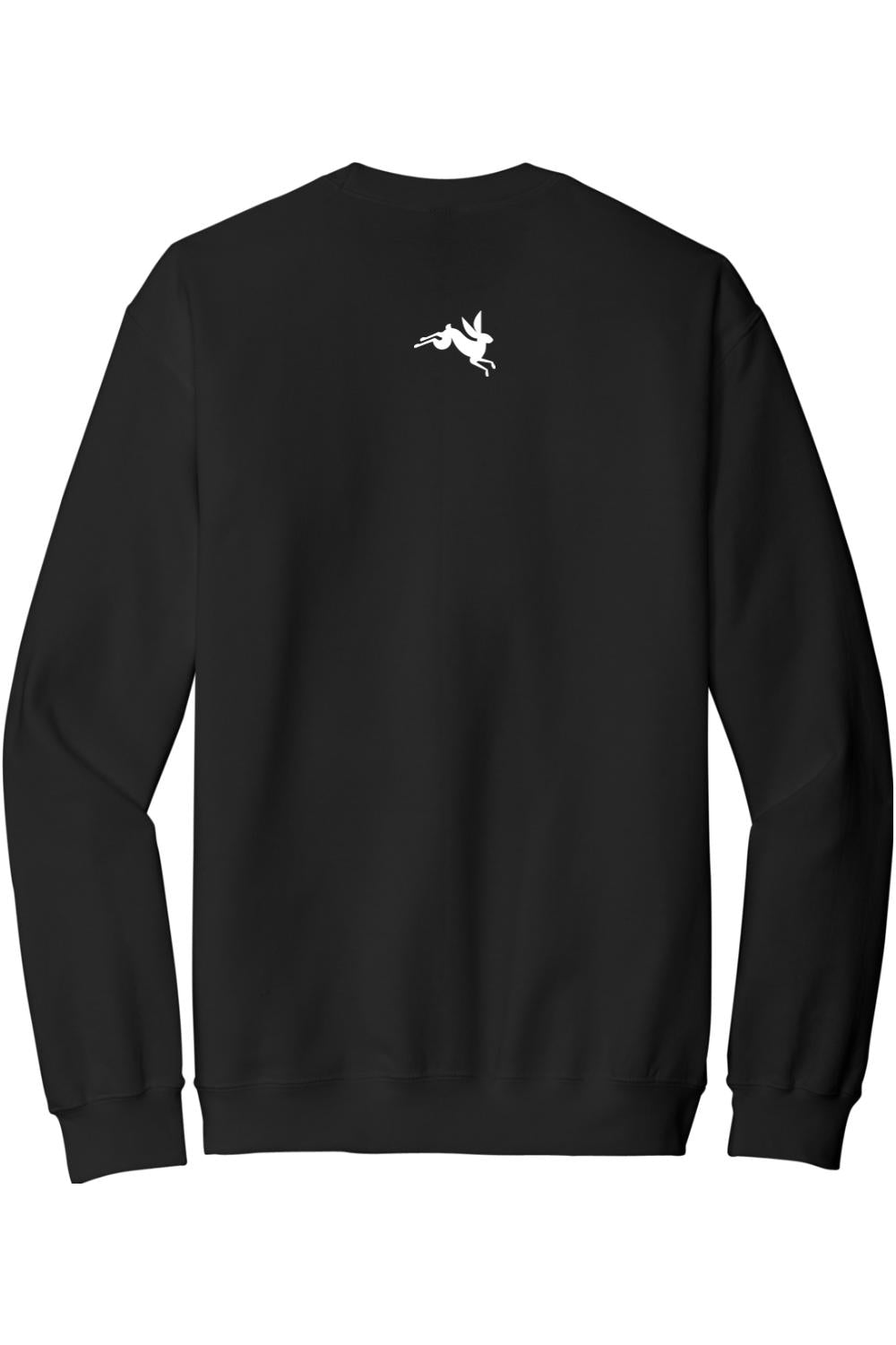 Black crewneck sweatshirt featuring a small white leaping rabbit logo on the upper back.