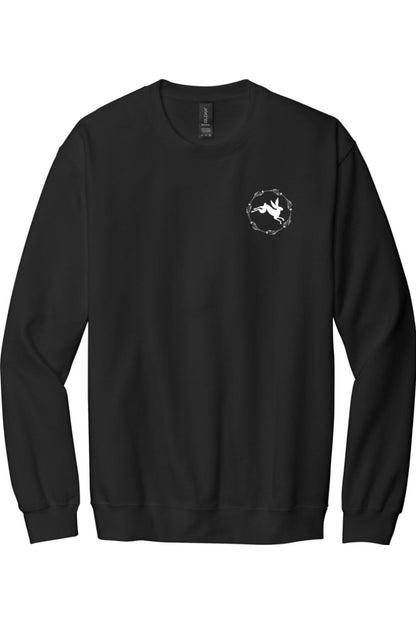 Black crewneck sweatshirt featuring a white graphic of a rabbit inside a floral wreath on the left chest.