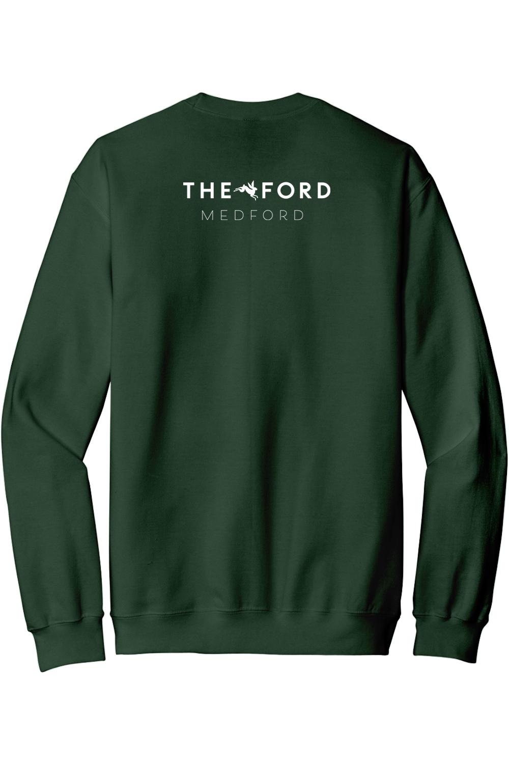 Dark green cotton-blend crewneck sweatshirt featuring a white The Ford Medford logo on the back.