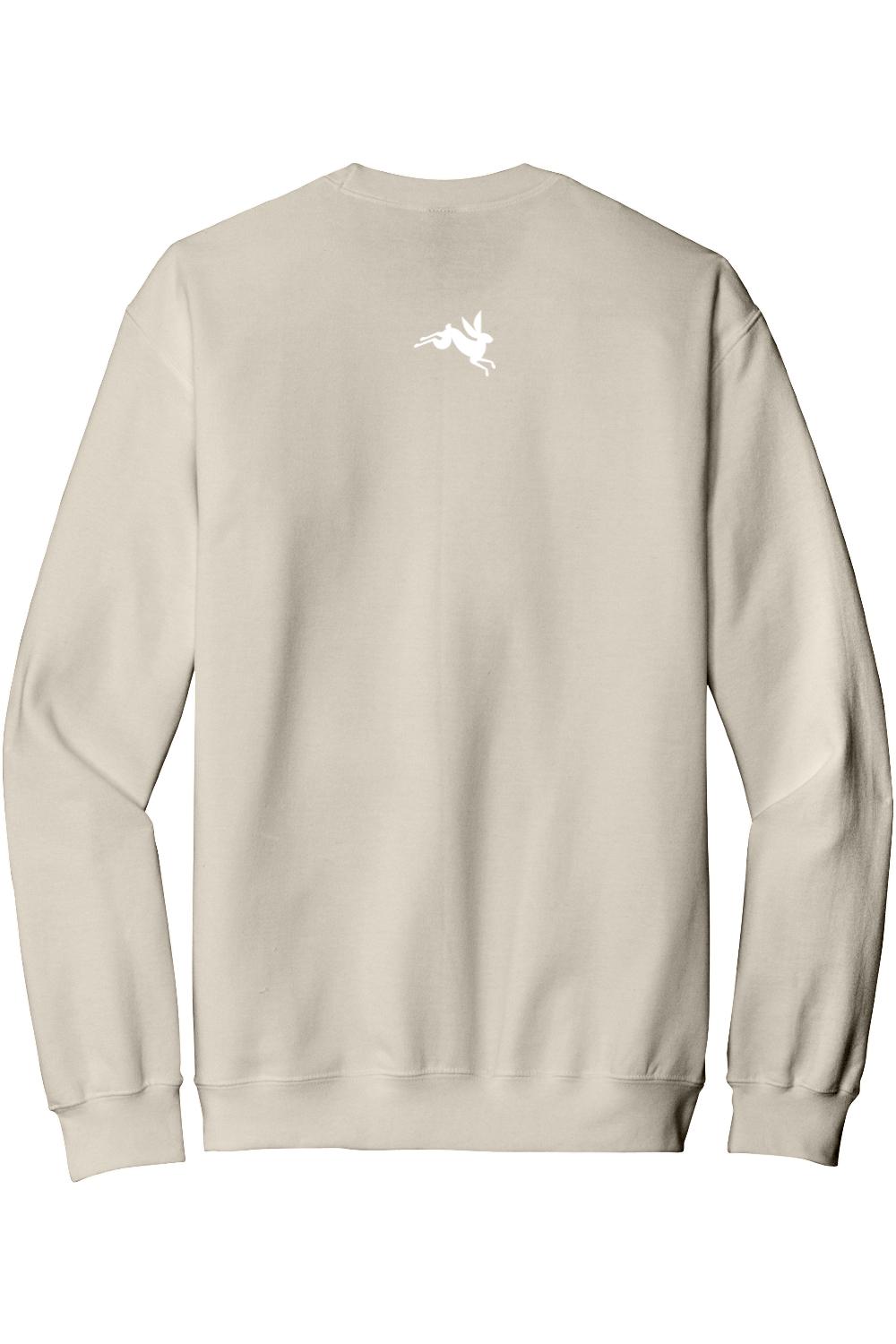 Beige crewneck sweatshirt featuring a small white rabbit logo on the upper back, crafted from soft cotton-blend fabric.