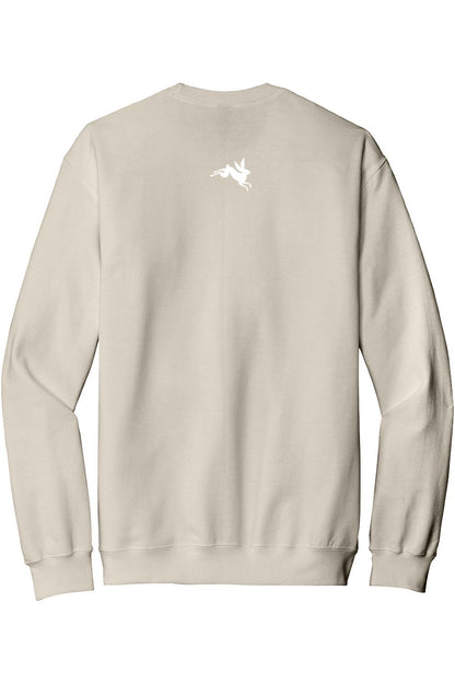 Beige crewneck sweatshirt featuring a small white rabbit logo on the upper back, crafted from soft cotton-blend fabric.