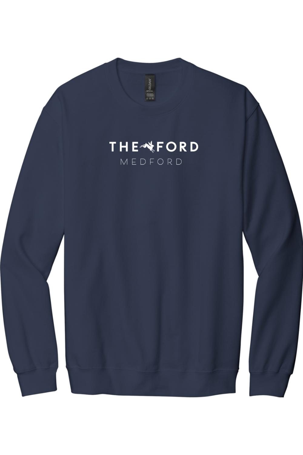 Navy blue crewneck sweatshirt featuring white The Ford Medford text and logo graphic on the chest.