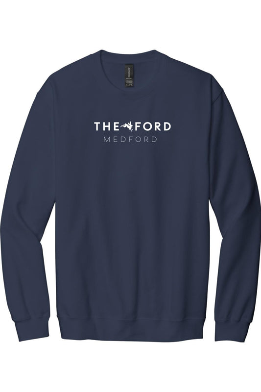 Navy blue crewneck sweatshirt featuring white The Ford Medford text and logo graphic on the chest.