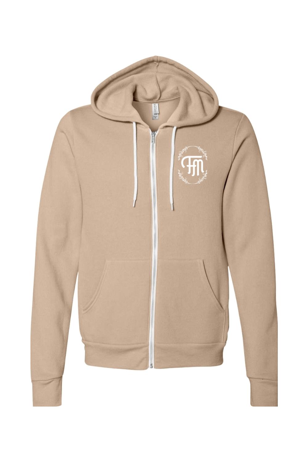 Tan fleece full-zip hoodie with white drawstrings and a white floral logo on the left chest.
