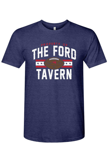 Navy blue triblend men's t-shirt featuring a distressed white and red Ford Tavern football graphic on the chest.
