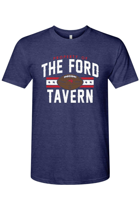 Navy blue triblend men's t-shirt featuring a distressed white and red Ford Tavern football graphic on the chest.