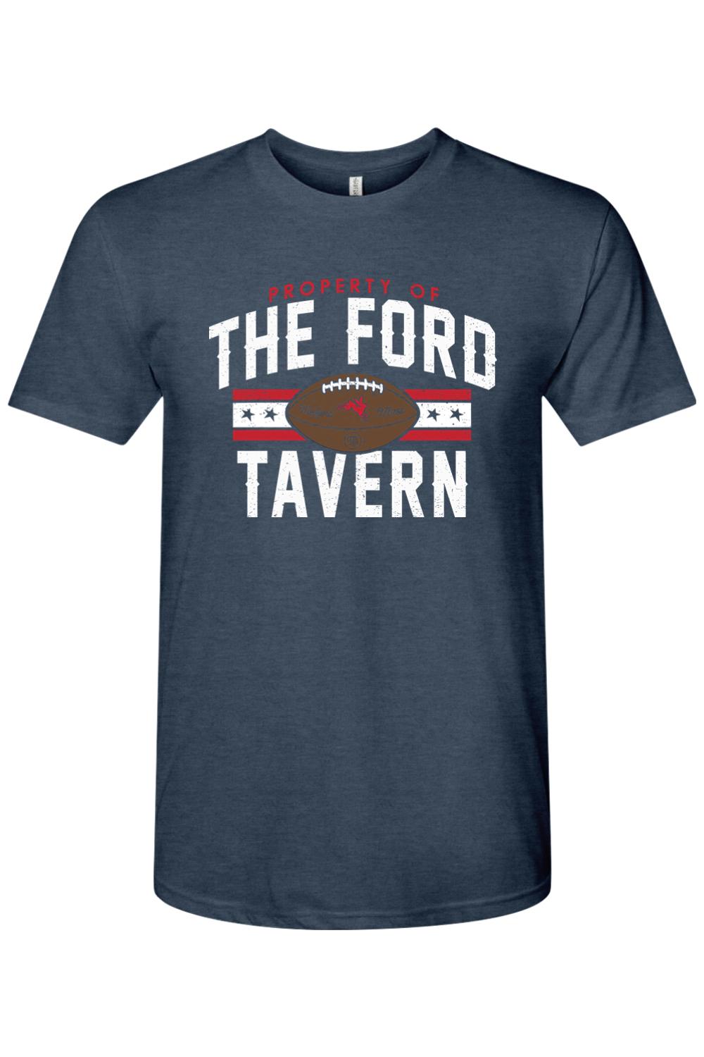 Navy blue triblend t-shirt featuring a distressed white and red The Ford Tavern football graphic on the chest.
