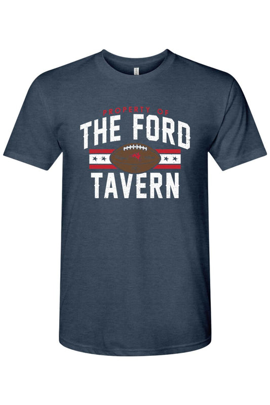 Navy blue triblend t-shirt featuring a distressed white and red The Ford Tavern football graphic on the chest.