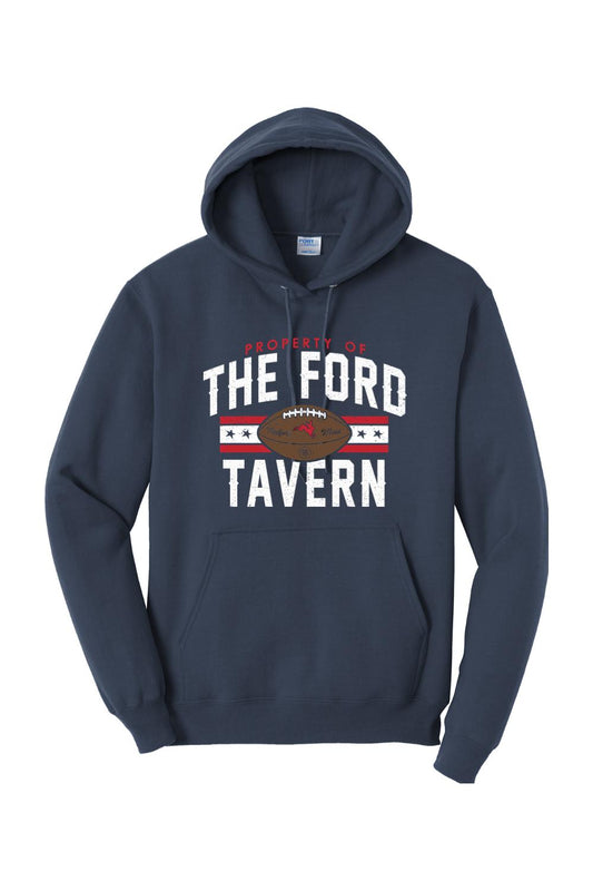 Navy blue cotton-blend fleece hoodie featuring The Ford Tavern football graphic with a front kangaroo pocket.
