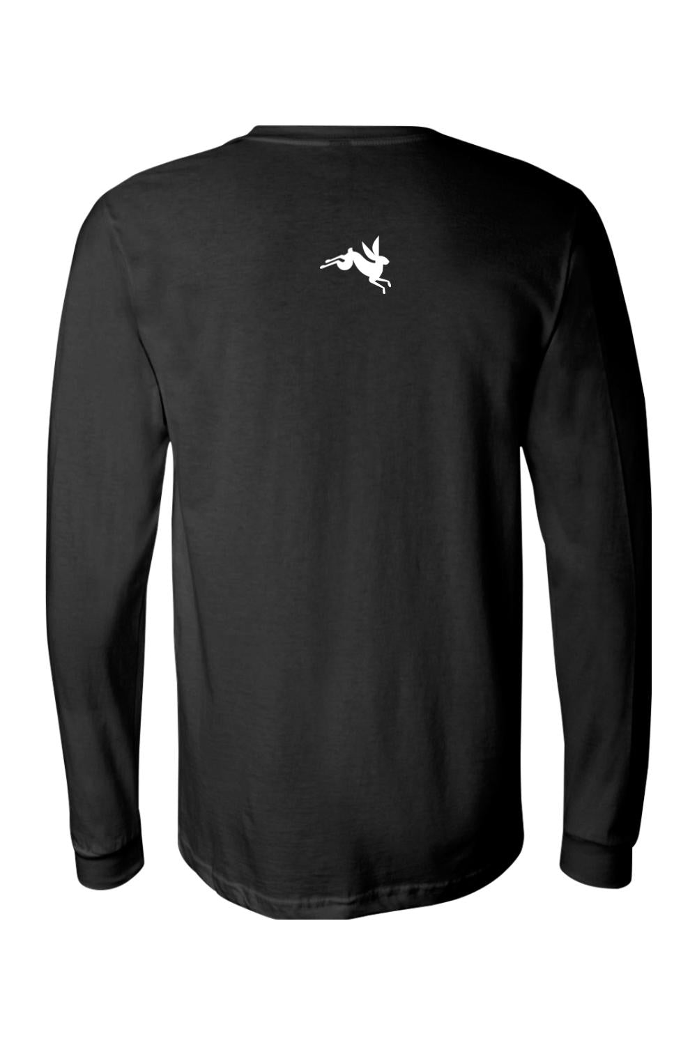 Black long-sleeve cotton tee featuring a small white jumping rabbit logo on the upper back.