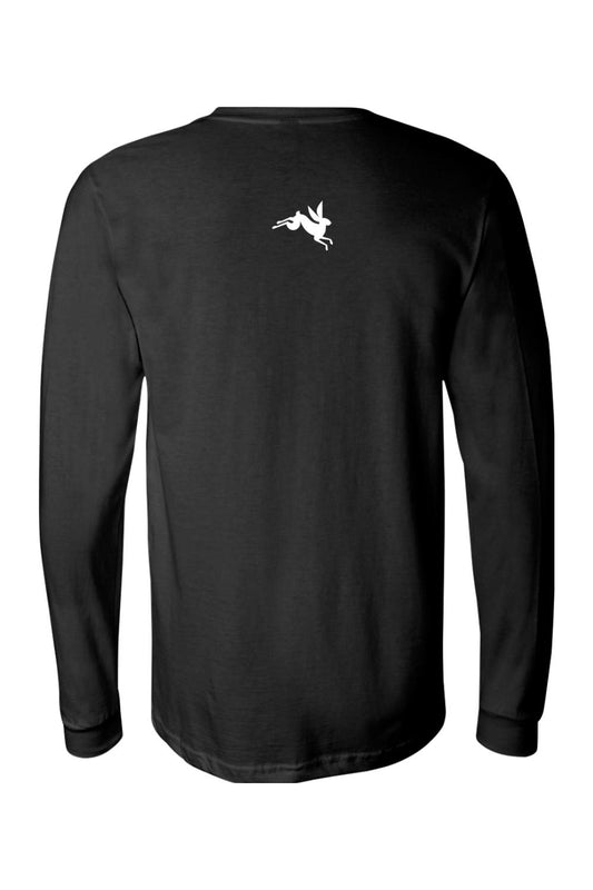 Black long-sleeve cotton tee featuring a small white jumping rabbit logo on the upper back.