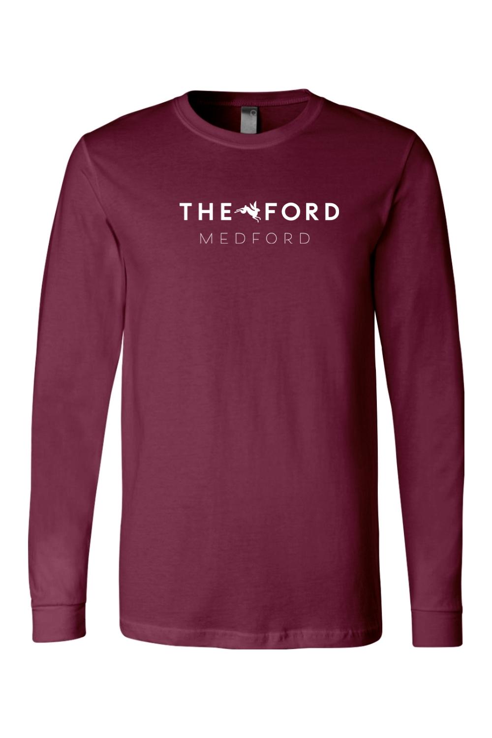 Maroon long sleeve cotton tee featuring The Ford Medford logo in white text on the chest.