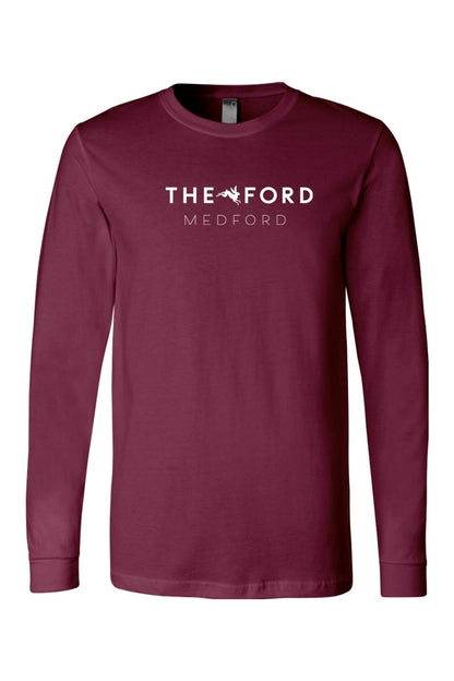Maroon long sleeve cotton tee featuring The Ford Medford logo in white text on the chest.
