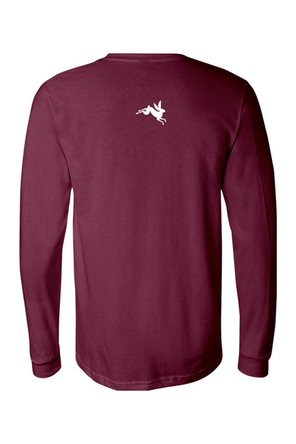 Maroon long-sleeve cotton tee featuring a small white rabbit logo on the upper back.