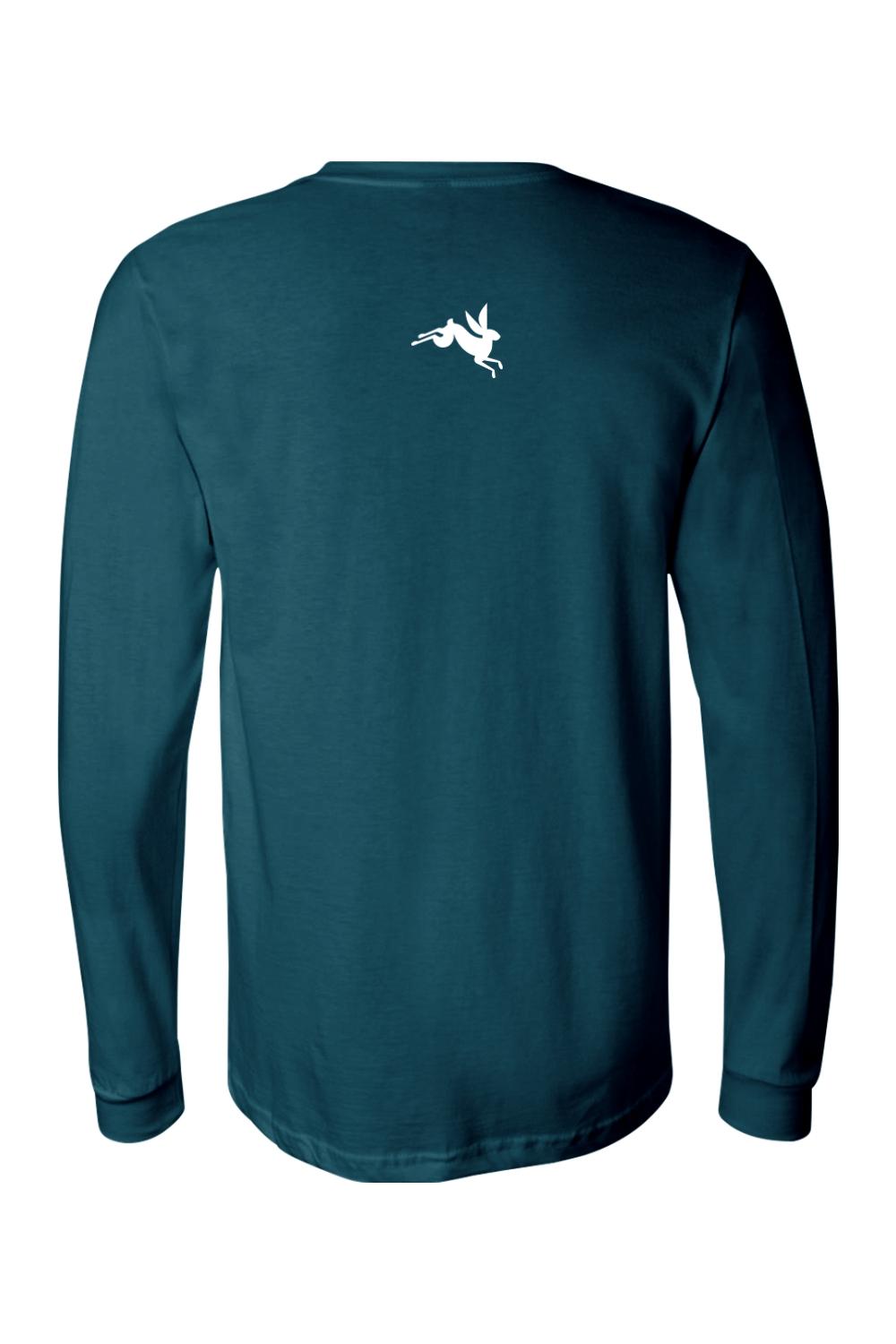 Teal long sleeve cotton tee featuring a small white leaping rabbit logo on the upper back.