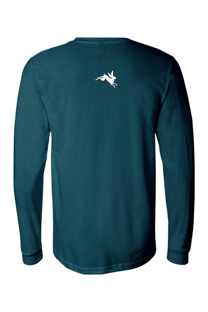 Teal long sleeve cotton tee featuring a small white leaping rabbit logo on the upper back.
