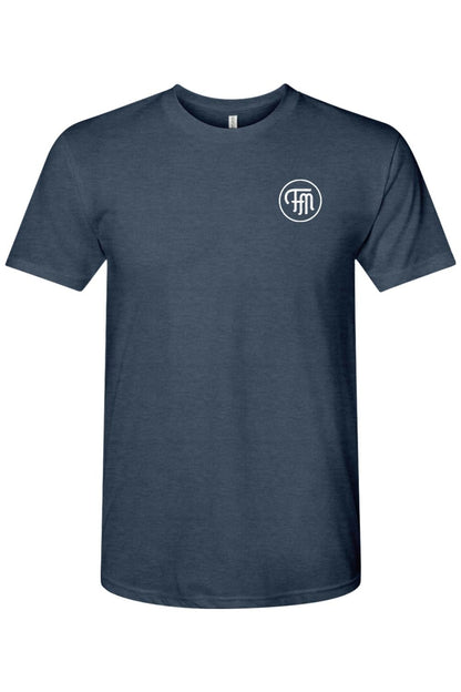 Navy blue tri-blend crew neck t-shirt featuring a white circular FM logo on the left chest.