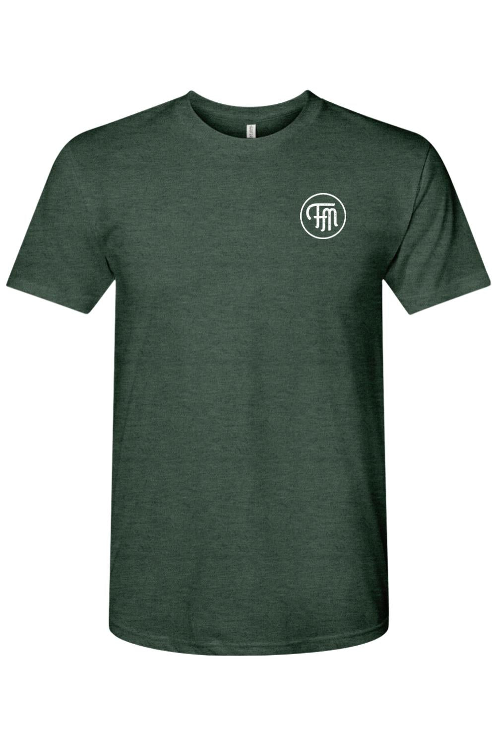 Forest green men's triblend crewneck t-shirt featuring a white circular Ford Medford logo on the left chest.