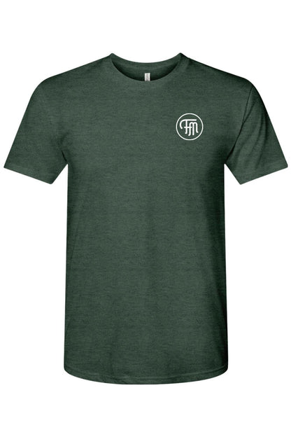 Forest green men's triblend crewneck t-shirt featuring a white circular Ford Medford logo on the left chest.