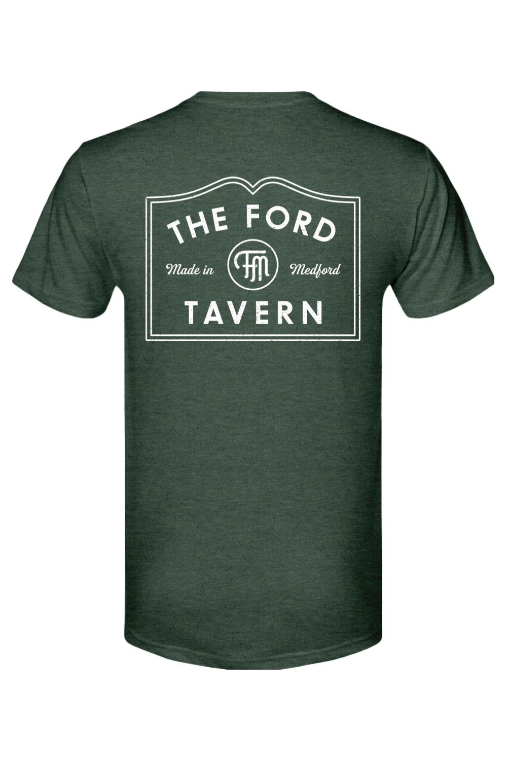 Dark green men's tri-blend t-shirt featuring a white The Ford Tavern logo graphic on the back.