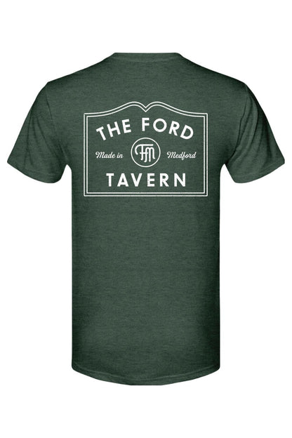 Dark green men's tri-blend t-shirt featuring a white The Ford Tavern logo graphic on the back.