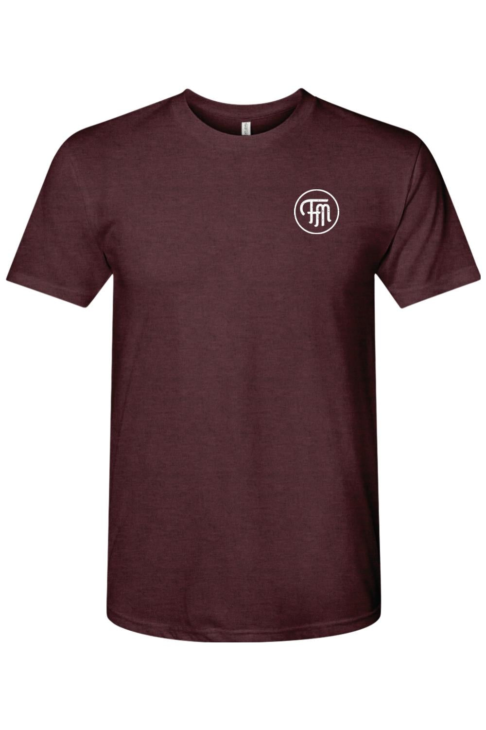 Maroon men's tri-blend crewneck t-shirt featuring a white circular Ford Medford logo on the left chest.