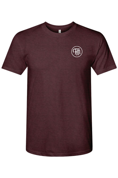 Maroon men's tri-blend crewneck t-shirt featuring a white circular Ford Medford logo on the left chest.