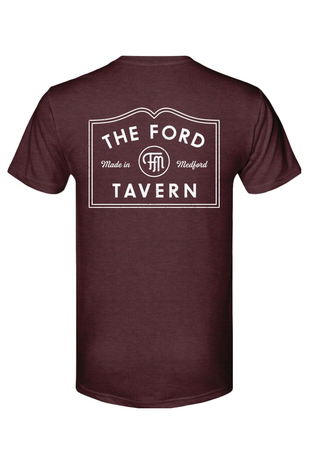 Maroon tri-blend men's t-shirt featuring a white The Ford Tavern logo graphic on the back.