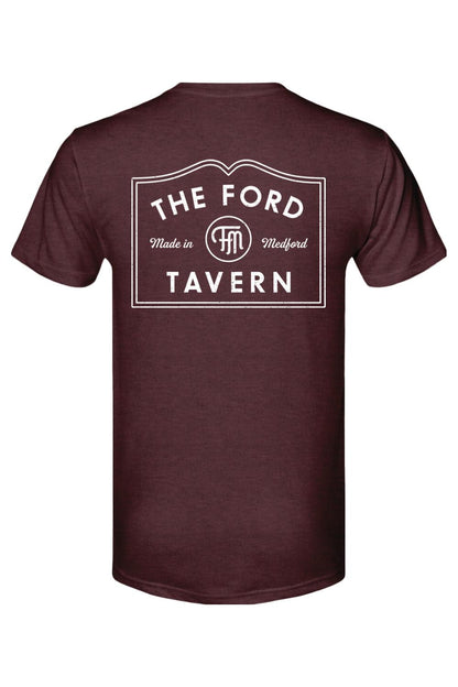 Maroon tri-blend men's t-shirt featuring a white The Ford Tavern logo graphic on the back.