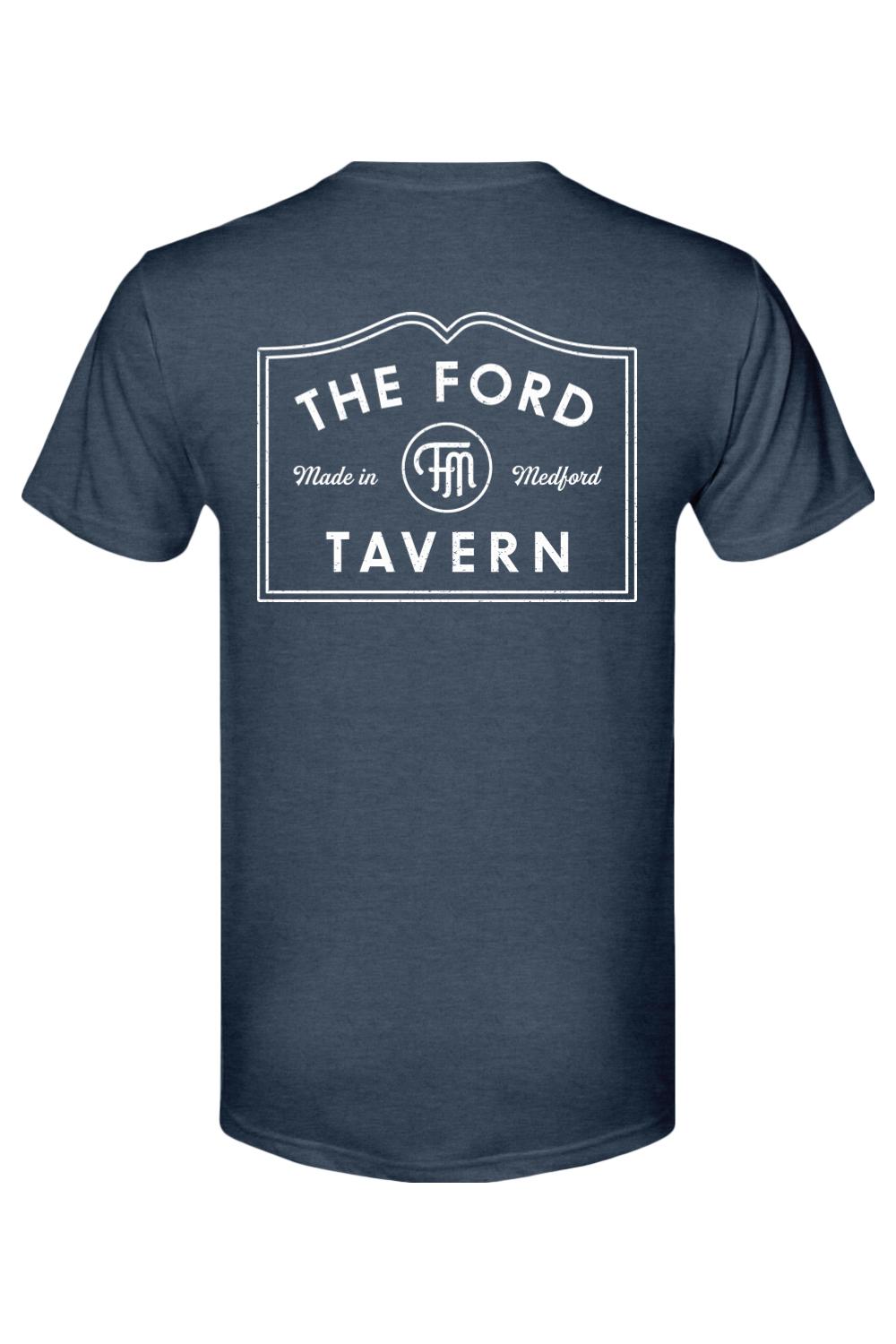 Navy blue men's tri-blend t-shirt featuring a white The Ford Tavern graphic logo on the back.