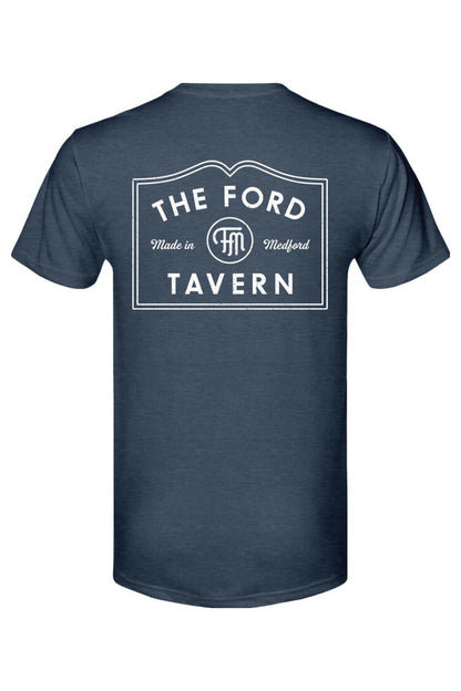 Navy blue men's tri-blend t-shirt featuring a white The Ford Tavern graphic logo on the back.