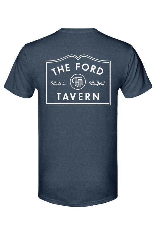 Navy blue men's tri-blend t-shirt featuring a white The Ford Tavern graphic logo on the back.