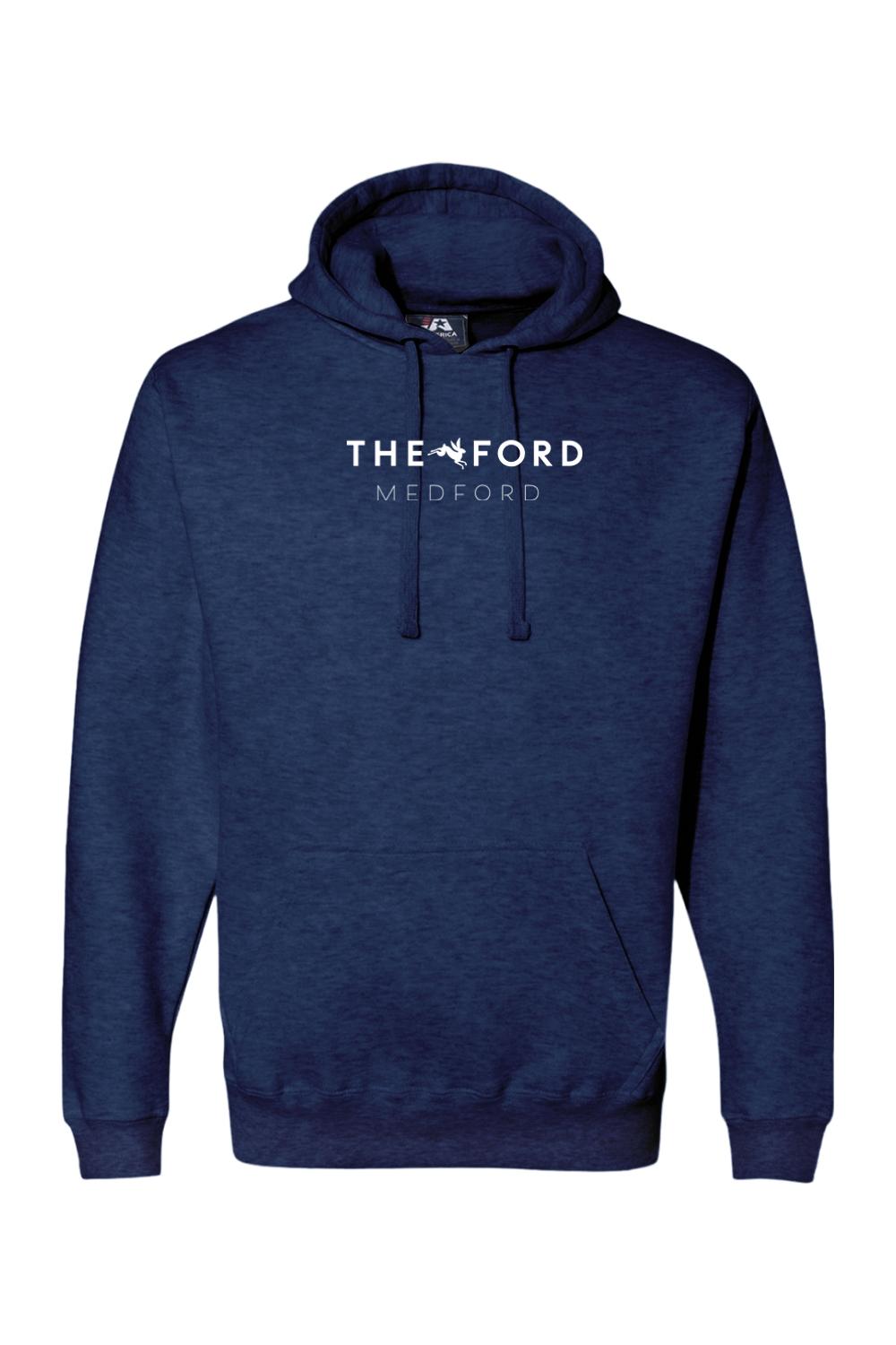 Navy blue heathered premium hoodie with white The Ford Medford logo and front kangaroo pocket.