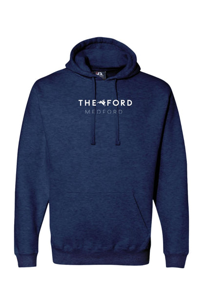 Navy blue heathered premium hoodie with white The Ford Medford logo and front kangaroo pocket.