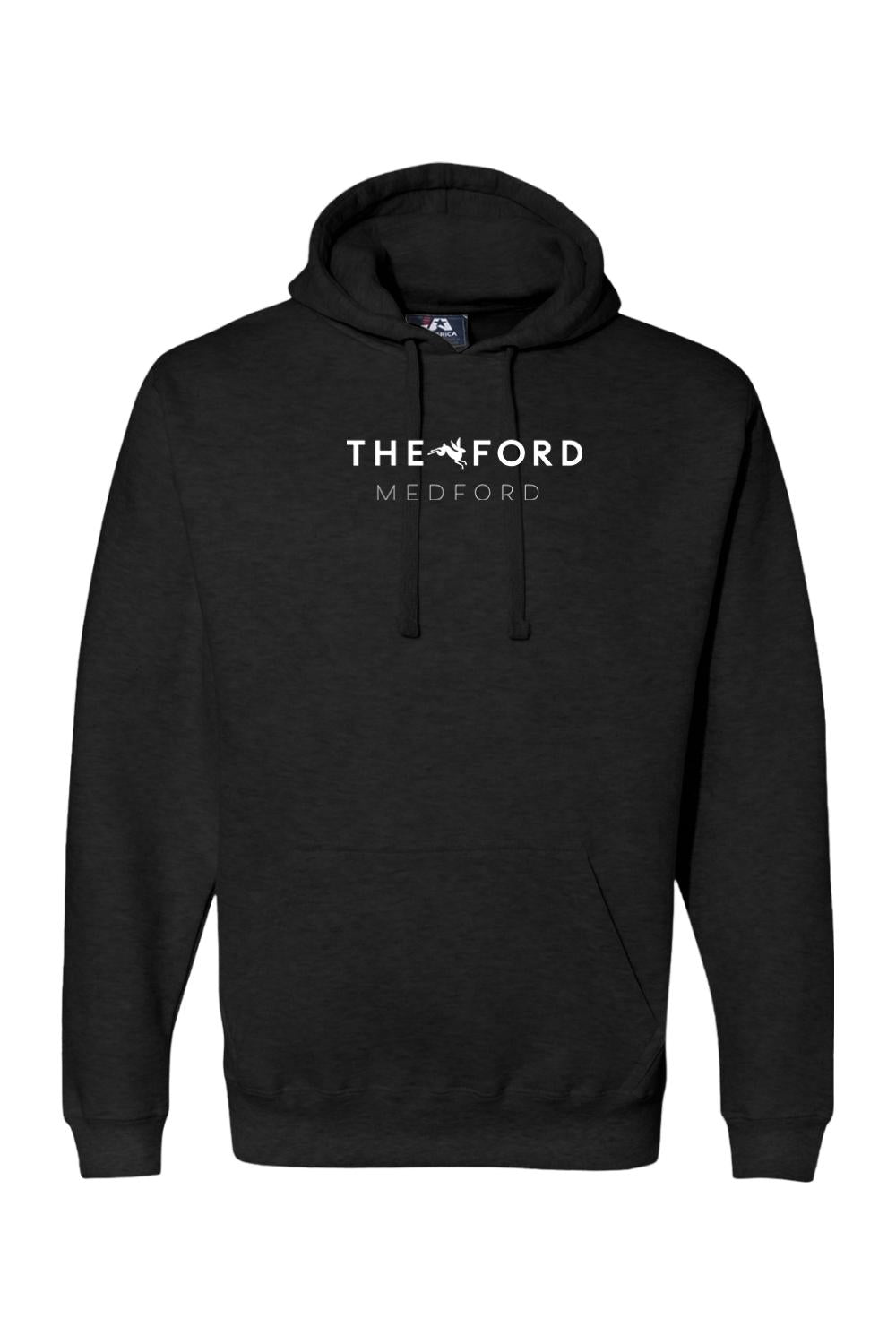Black premium cotton-blend hoodie featuring The Ford Medford white logo and a kangaroo pocket.
